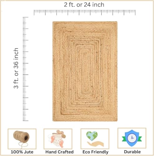 KEMA Handwoven Rectangular Jute Braided Rug 2x3 ft Natural Reversible Farmhouse Boho Rug for Entryway Kitchen Living Room Indoor Outdoor Use - Image 3