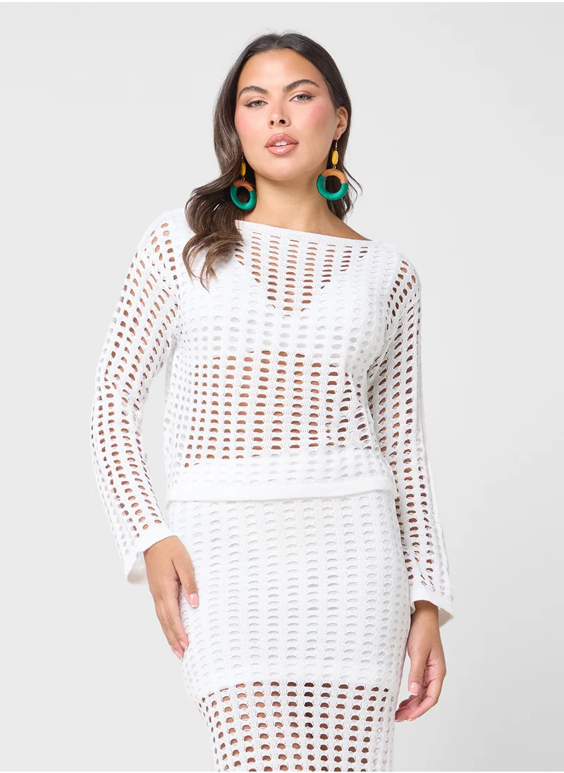 جينجر Knitted Openwork Top & Skirt Coord Set