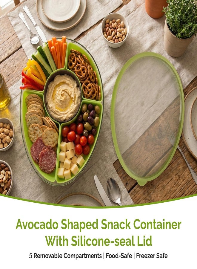 MosJos Divided Serving Tray with Lid, 5 Removable Compartments Snack & Veggie avocado shaped Tray with Center Dip Bowl, Portable Food Storage Container for Fruit, Charcuterie, Travel, Work & Parties - Image 2