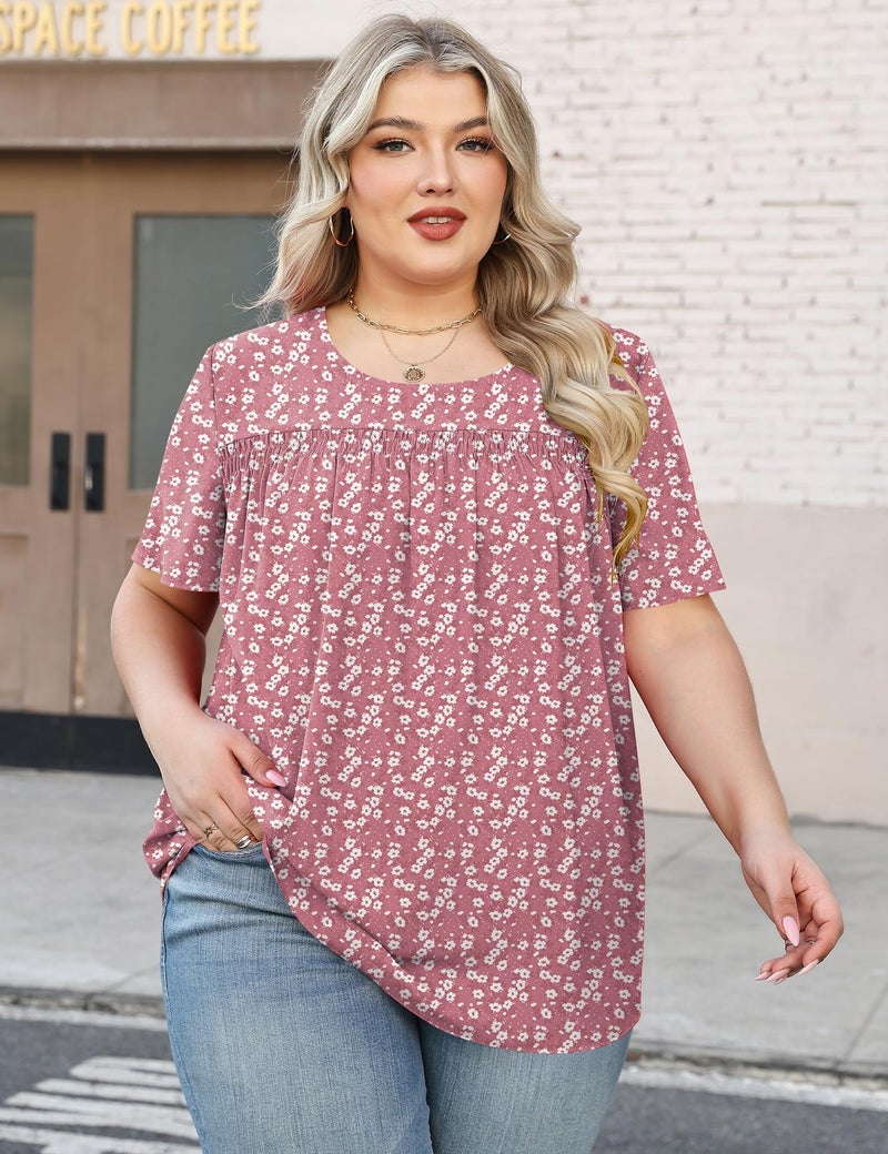 Micoson Womens Plus Size Tops Short Sleeve Dressy Chiffon Blouses Crewneck Shirts Loose Flowy Pleated Tunic,Pink Floral 3XL - Image 2