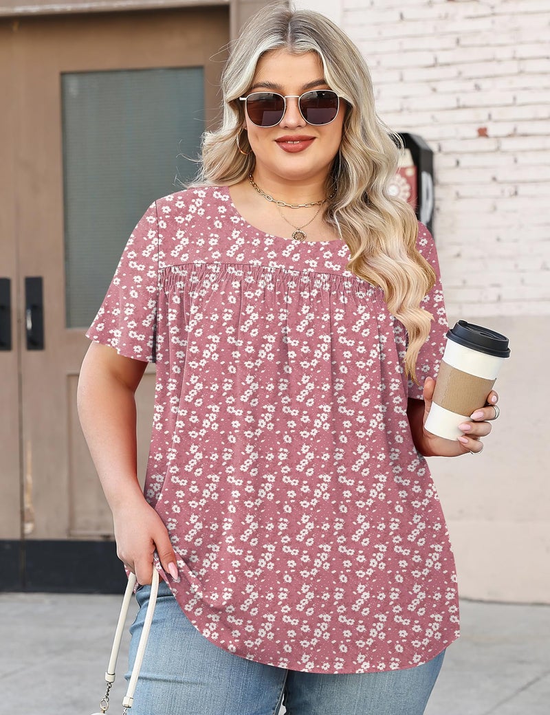 Micoson Womens Plus Size Tops Short Sleeve Dressy Chiffon Blouses Crewneck Shirts Loose Flowy Pleated Tunic,Pink Floral 3XL - Image 3