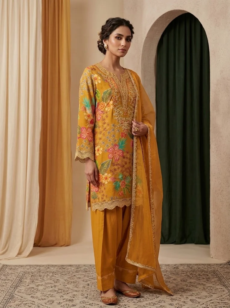 VINY Mustard Floral Printed Suit Set – Women's Indian Ethnic Wear