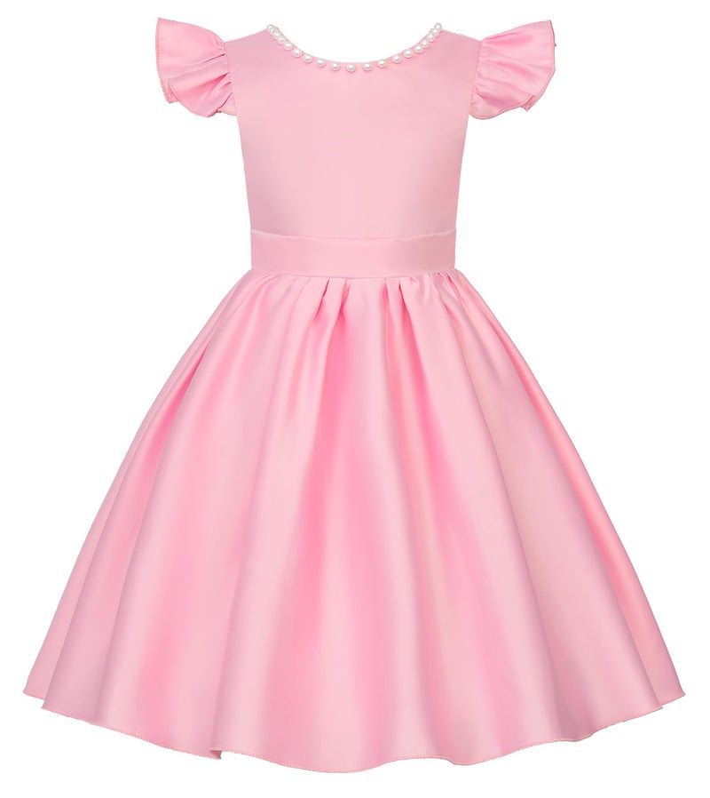 Uhnice Flower Girl Satin Dress with Pearls Flutter Sleeves V Back Gown with Removable Bow for Wedding Birthday Party (Pink, 90/2-3 Years) - Image 2