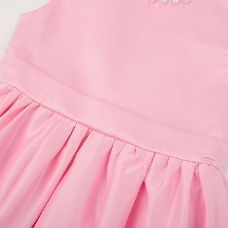 Uhnice Flower Girl Satin Dress with Pearls Flutter Sleeves V Back Gown with Removable Bow for Wedding Birthday Party (Pink, 90/2-3 Years) - Image 4