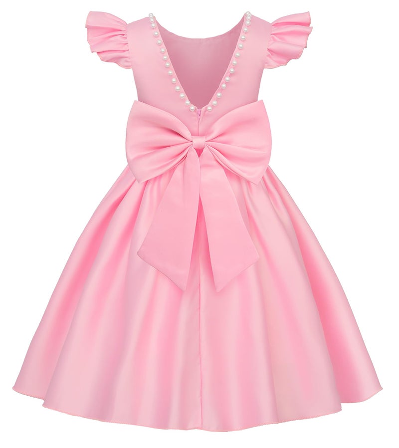 Uhnice Flower Girl Satin Dress with Pearls Flutter Sleeves V Back Gown with Removable Bow for Wedding Birthday Party (Pink, 90/2-3 Years) - Image 1