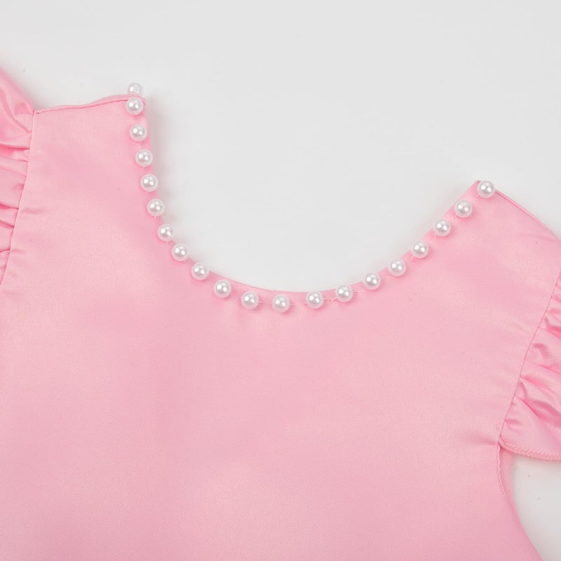 Uhnice Flower Girl Satin Dress with Pearls Flutter Sleeves V Back Gown with Removable Bow for Wedding Birthday Party (Pink, 90/2-3 Years) - Image 3