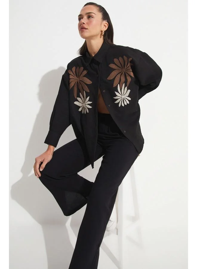 JUNE June Loose Fit Embroidery Detailed Shirt Black