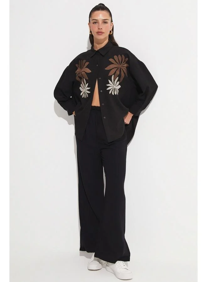 JUNE June Loose Fit Embroidery Detailed Shirt Black
