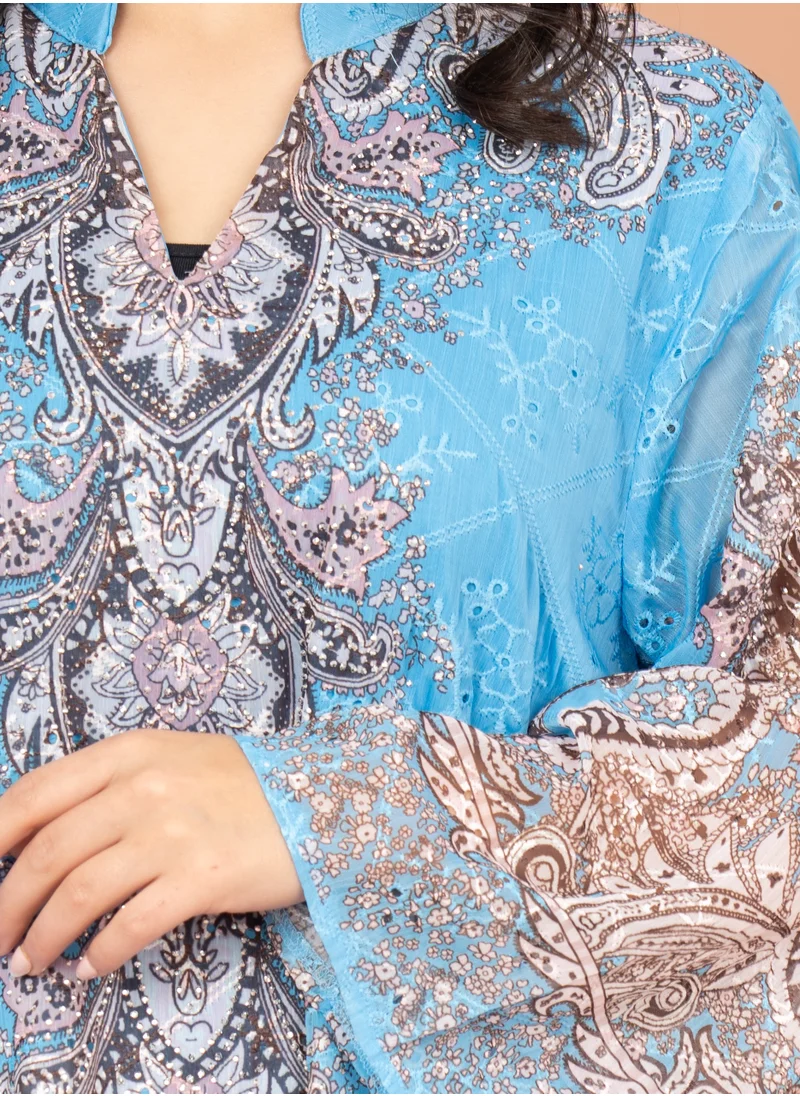 IKKXA Floral Pattern Printed Embroidered Jalabiya IK4011 Blue