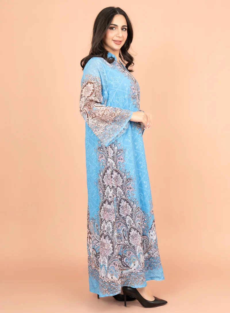 IKKXA Floral Pattern Printed Embroidered Jalabiya IK4011 Blue