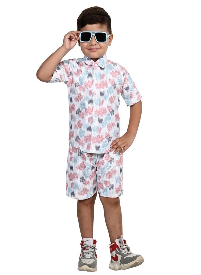 Qtsy Kids Cotton Half Sleeves Shirt With Shorts, All Over Print Cord Set for Baby Boy Kids (4-5, Pink) - Image 1