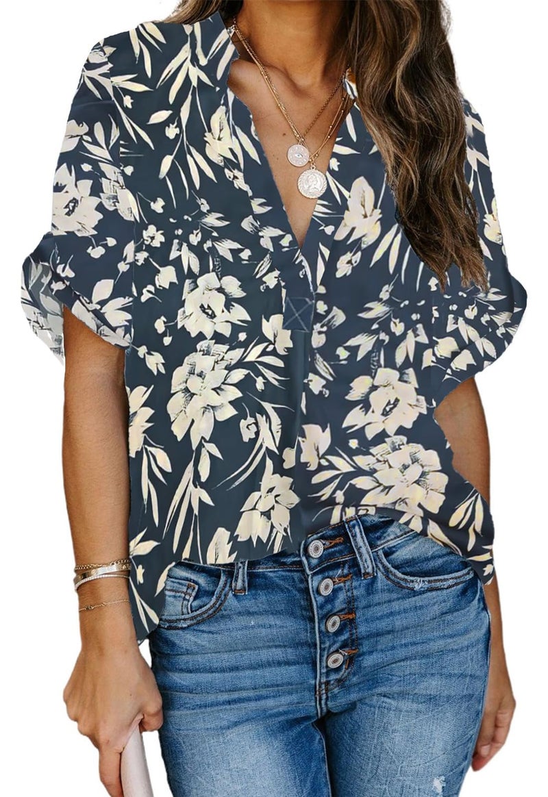 ANCAPELION Womenâ€™s Summer Chiffon Blouse Casual Short Sleeve V Neck Shirt Loose Printed Cuffed Sleeve Tunic Tops for Women Floral Navy Blue X-Large - Image 1