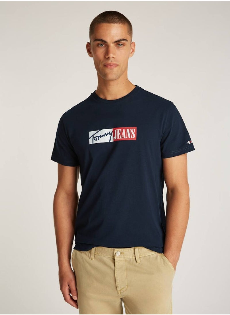 TOMMY JEANS Men's Signature Logo Slim T-Shirt - Cotton, Blue  - Image 1