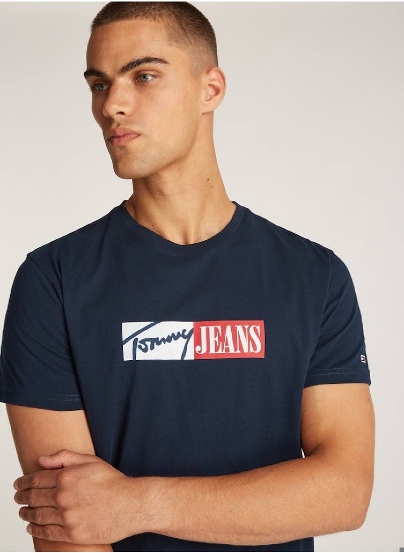 TOMMY JEANS Men's Signature Logo Slim T-Shirt - Cotton, Blue  - Image 5