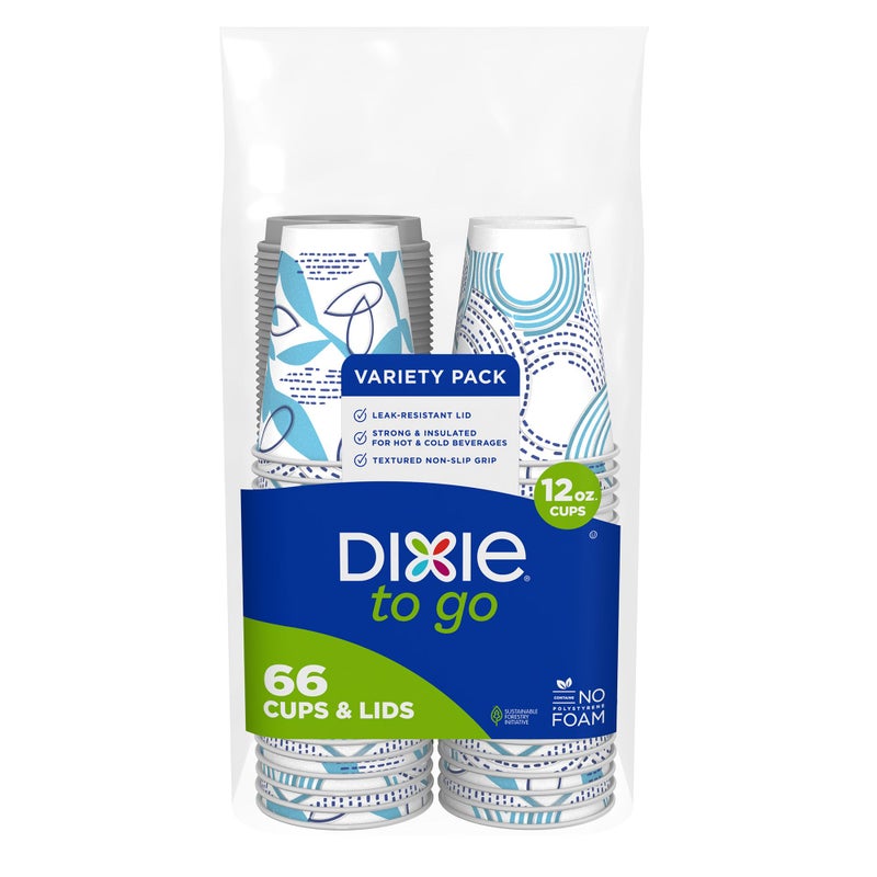 Dixie To Go Paper Coffee Cups With Lids, 12 oz, 66 ct, Disposable Insulated Paper Cups for On-The-Go Hot or Cold Beverages - Image 1