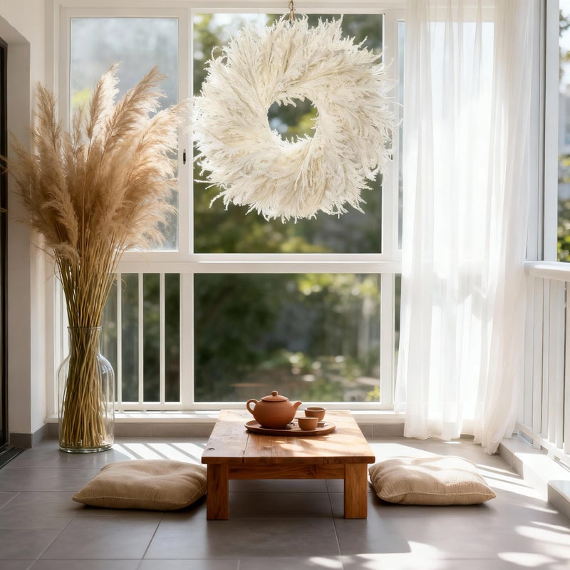 HipTree 28 Inch Spring Boho White Flocked Cypress Wreath Outdoor,Neutral Pampas Grass Wreaths - Handmade Faux Farmhouse Cedar Wreath for Front Door,All-Season Year-Round Ins Home DÃ©cor - Image 5
