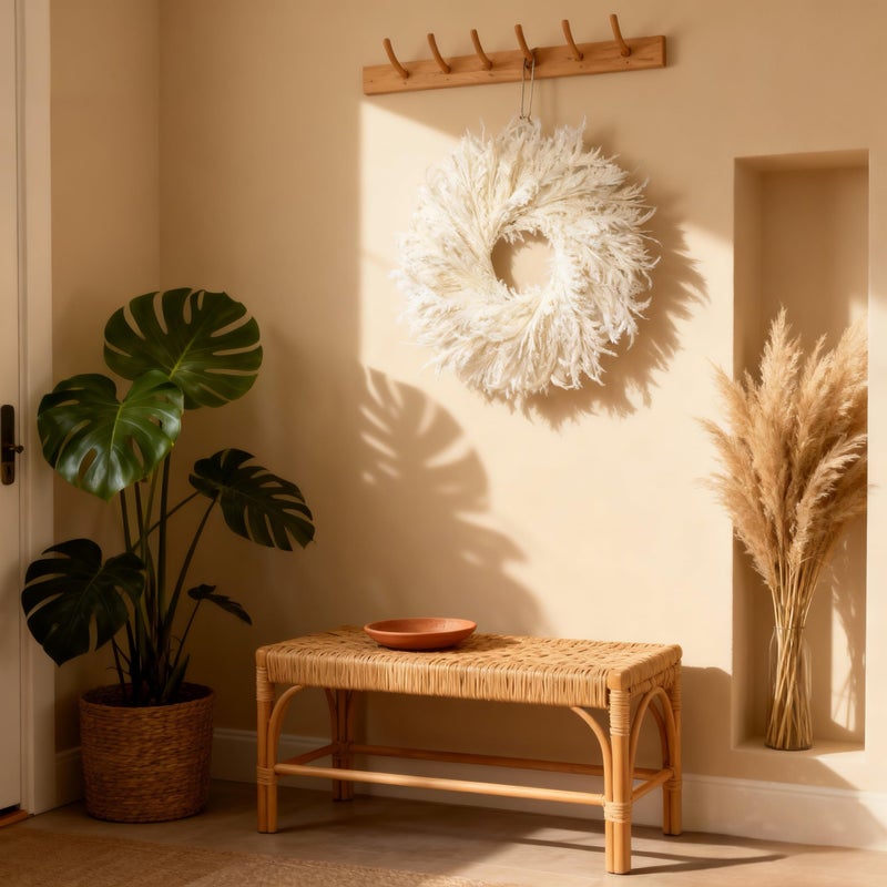 HipTree 28 Inch Spring Boho White Flocked Cypress Wreath Outdoor,Neutral Pampas Grass Wreaths - Handmade Faux Farmhouse Cedar Wreath for Front Door,All-Season Year-Round Ins Home DÃ©cor - Image 4