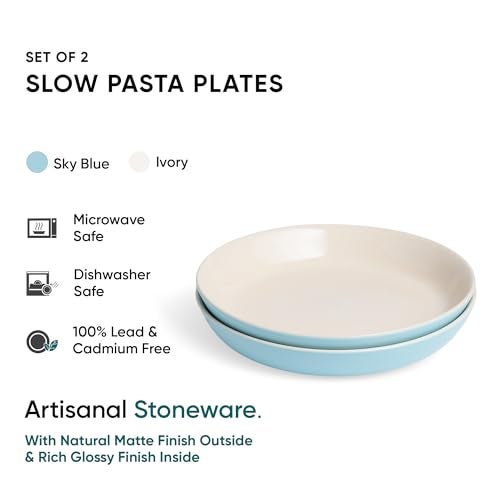 Shay Ceramic Pasta Bowl Set, 22cm, 2 Pieces, Blue Ivory | Glossy Finish | Stoneware Ceramic Serving Bowls | Ceramic Bowl | Pasta Serving Plate (Pasta Plate - Blue Ivory) - Image 3