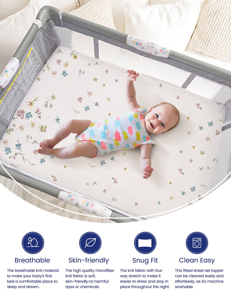 TotAha Premium Stretchy Pack N Play Playard Sheets | Mini Crib Sheets (2-Pack)-Hypoallergenic, Silky Comfort, AButtery Soft, Calming Effect, All-Season Jersey-Knit (Blue Flower & Small Floral) - Image 2