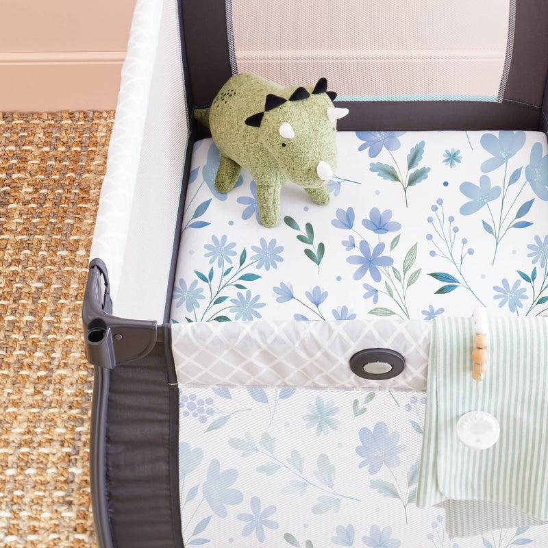 TotAha Premium Stretchy Pack N Play Playard Sheets | Mini Crib Sheets (2-Pack)-Hypoallergenic, Silky Comfort, AButtery Soft, Calming Effect, All-Season Jersey-Knit (Blue Flower & Small Floral) - Image 3