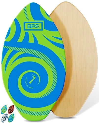 BPS Koru Best Performance 35 Wooden Skimboard Colored EVA Grip Pad High Gloss Clear Coat Kids and Adults Textured Wax Free Foam Green with Dark Blue Accent