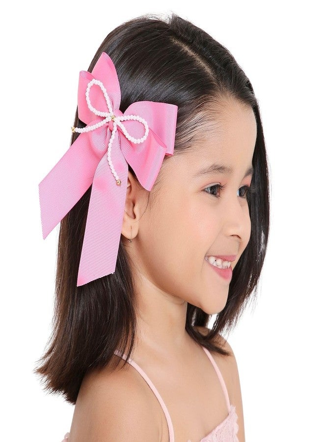 Arendelle Pearl Beaded Grossgrain Ribbon Pigtail Hair Bow in Pink For Girls [ABW128] - Image 1