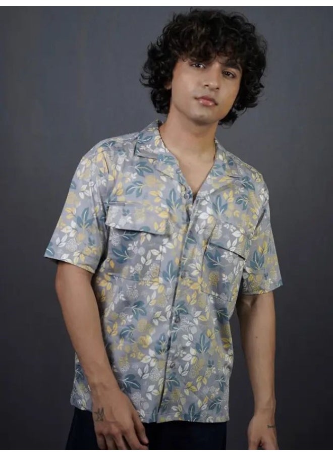 Maniac Maniac Mens All Over Printed Collar Neck Half Sleeve Dark Grey Cotton Oversized Shirt  - Image 3