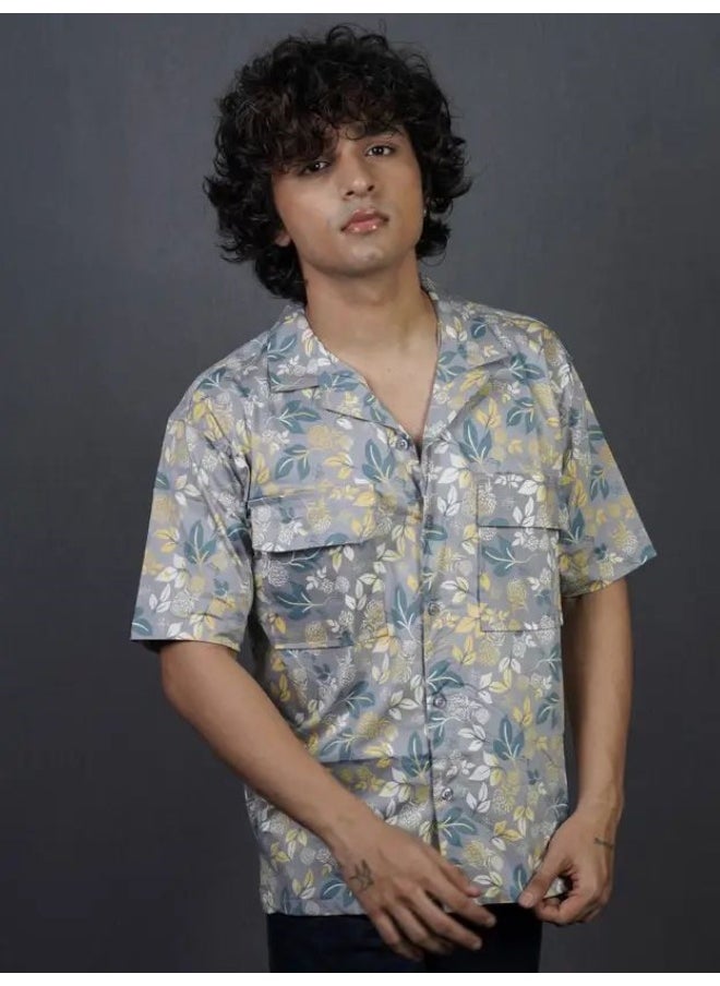 Maniac Maniac Mens All Over Printed Collar Neck Half Sleeve Dark Grey Cotton Oversized Shirt  - Image 4