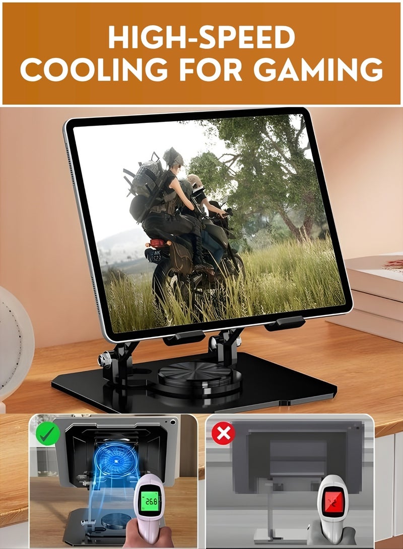 360° Rotating iPad Stand & Tablet Stand with Cooling Fan, Adjustable Foldable Metal Tablet Holder & Phone Stand for iPad Pro/Air/Mini, iPhone 16 Pro Max, Galaxy Tab & 12.9 Inch Tablets, Desk Stand for Drawing, Gaming & Office - Image 4