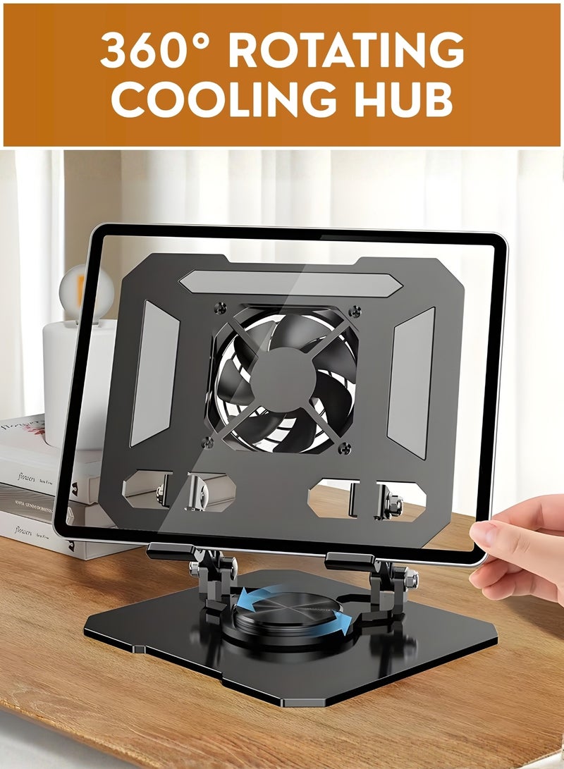 360° Rotating iPad Stand & Tablet Stand with Cooling Fan, Adjustable Foldable Metal Tablet Holder & Phone Stand for iPad Pro/Air/Mini, iPhone 16 Pro Max, Galaxy Tab & 12.9 Inch Tablets, Desk Stand for Drawing, Gaming & Office - Image 3