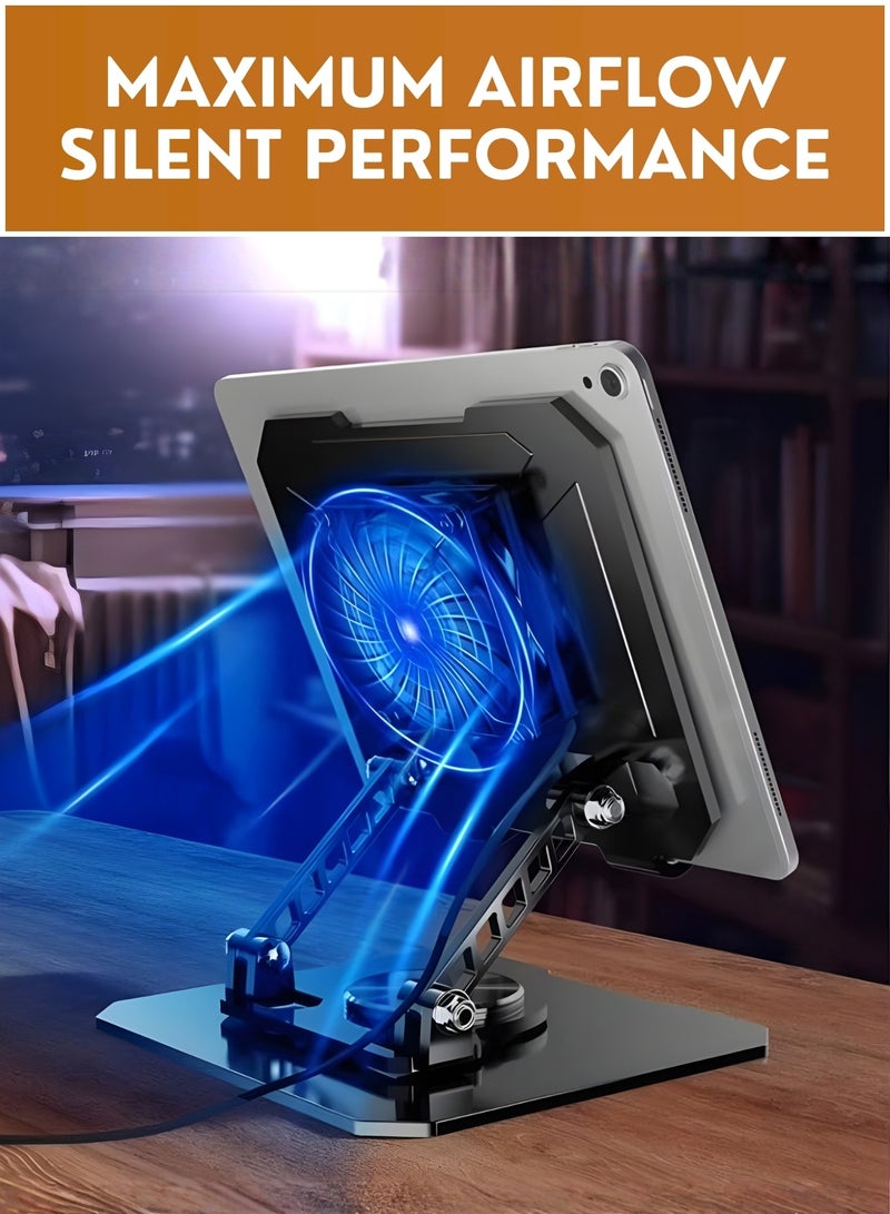 360° Rotating iPad Stand & Tablet Stand with Cooling Fan, Adjustable Foldable Metal Tablet Holder & Phone Stand for iPad Pro/Air/Mini, iPhone 16 Pro Max, Galaxy Tab & 12.9 Inch Tablets, Desk Stand for Drawing, Gaming & Office - Image 2