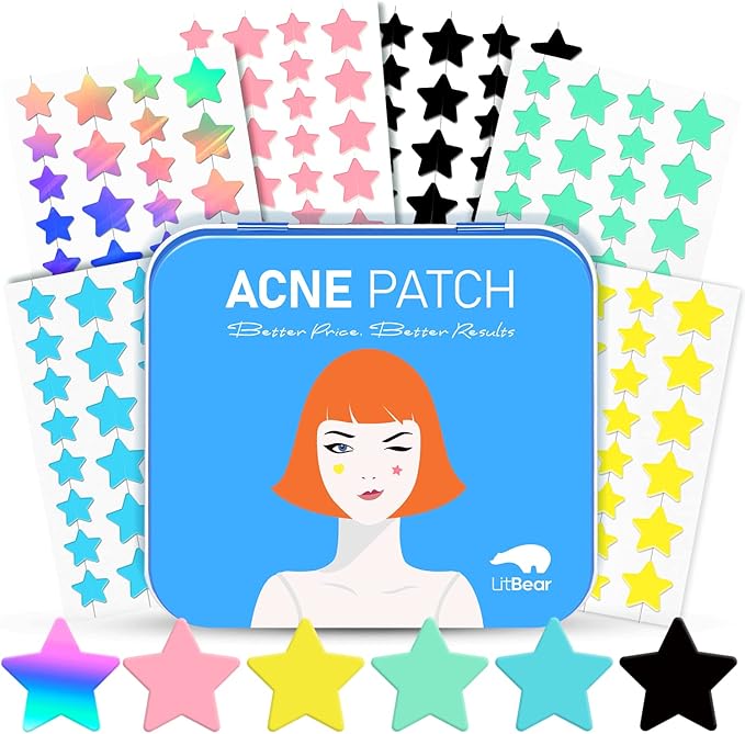 LitBear Acne Pimple Patch 6 Colors 168 Dots Star Pimple Patches with Case Tea Tree Oil Centella Oil Hydrocolloid Acne Pimple Patches for Face Cute Zit Patches Pimple Stickers Acne Dots - Image 1