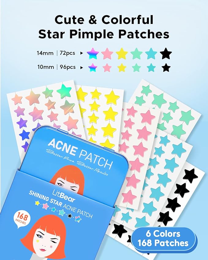LitBear Acne Pimple Patch 6 Colors 168 Dots Star Pimple Patches with Case Tea Tree Oil Centella Oil Hydrocolloid Acne Pimple Patches for Face Cute Zit Patches Pimple Stickers Acne Dots - Image 2