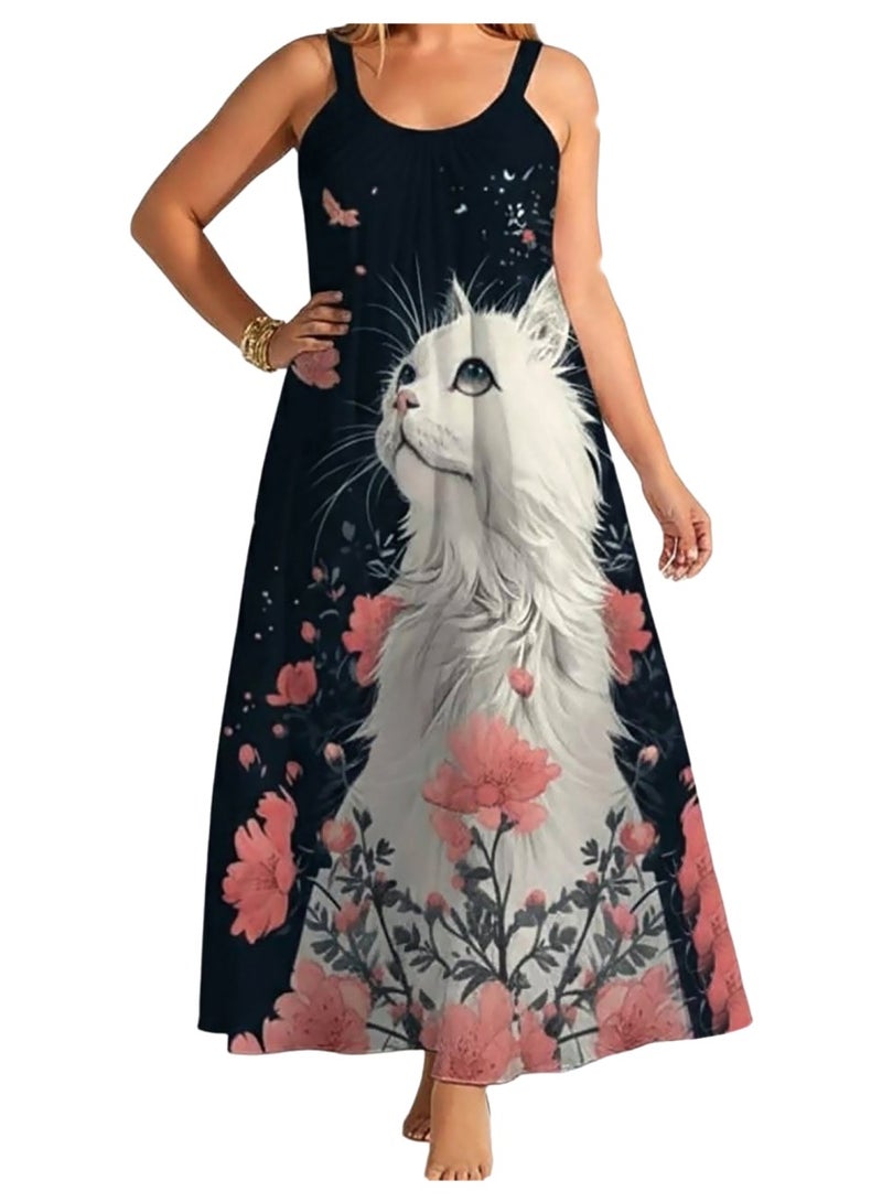 Women's Sleeveless Maxi Dress with Artistic White Cat & Floral Print - Casual Summer Long Dress - Up to 70 KG - Image 1