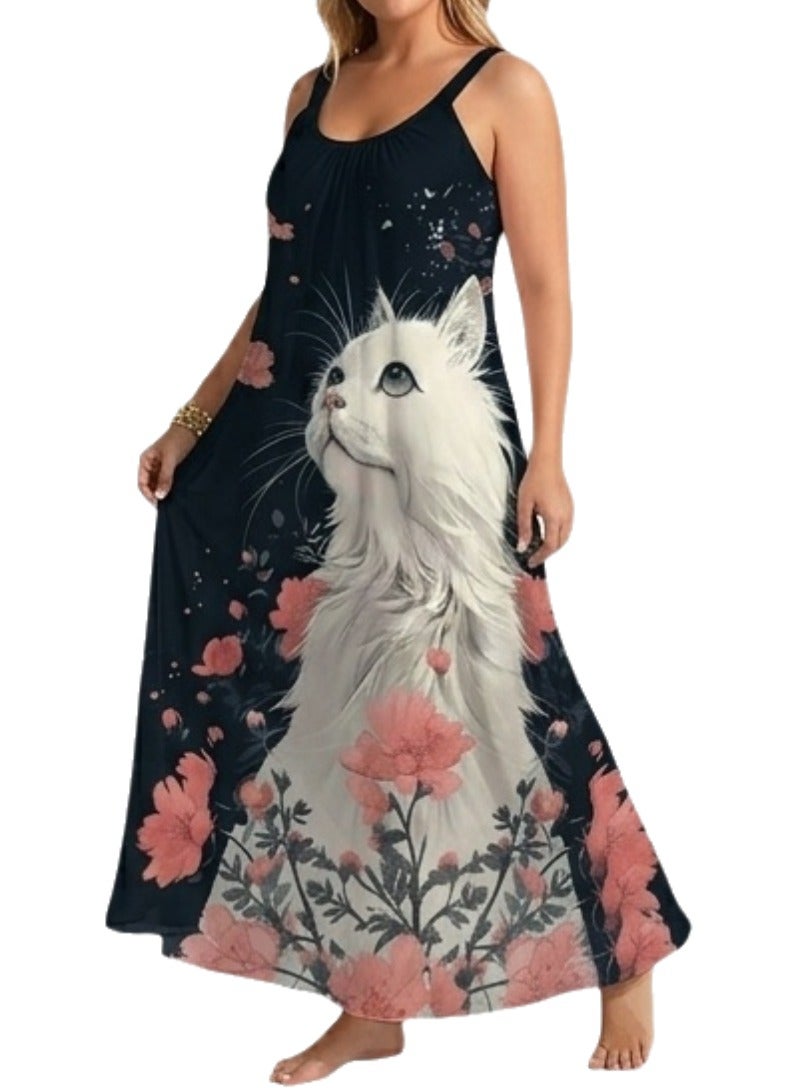 Women's Sleeveless Maxi Dress with Artistic White Cat & Floral Print - Casual Summer Long Dress - Up to 70 KG - Image 2