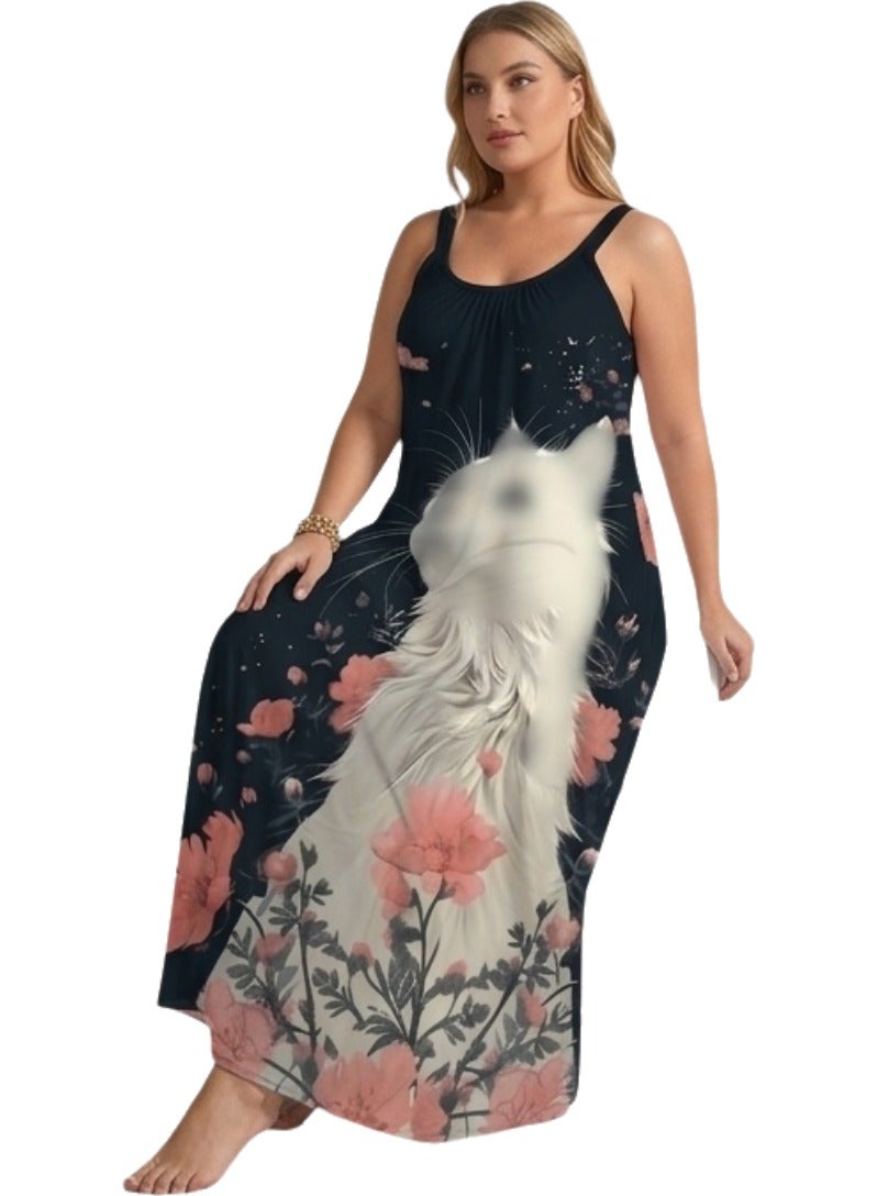 Women's Sleeveless Maxi Dress with Artistic White Cat & Floral Print - Casual Summer Long Dress - Up to 70 KG - Image 4