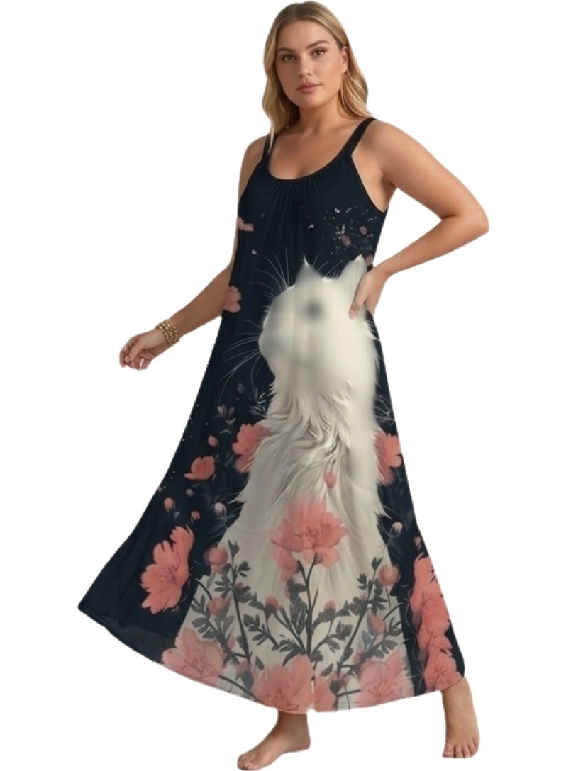 Women's Sleeveless Maxi Dress with Artistic White Cat & Floral Print - Casual Summer Long Dress - Up to 70 KG - Image 3