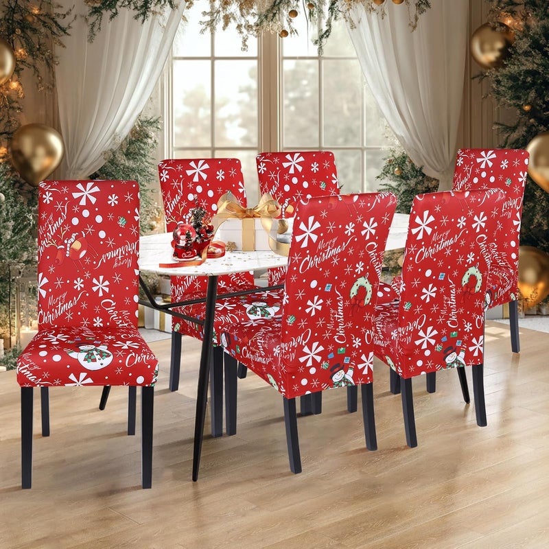 SearchI Christmas Chair Covers Set of 6 Stretch Xmas Kitchen Chair Cover Removable Washable Holiday Parsons Chair Slipcovers for Dining Room Christmas Decoration CeremonySnowmanSnowflake - Image 2