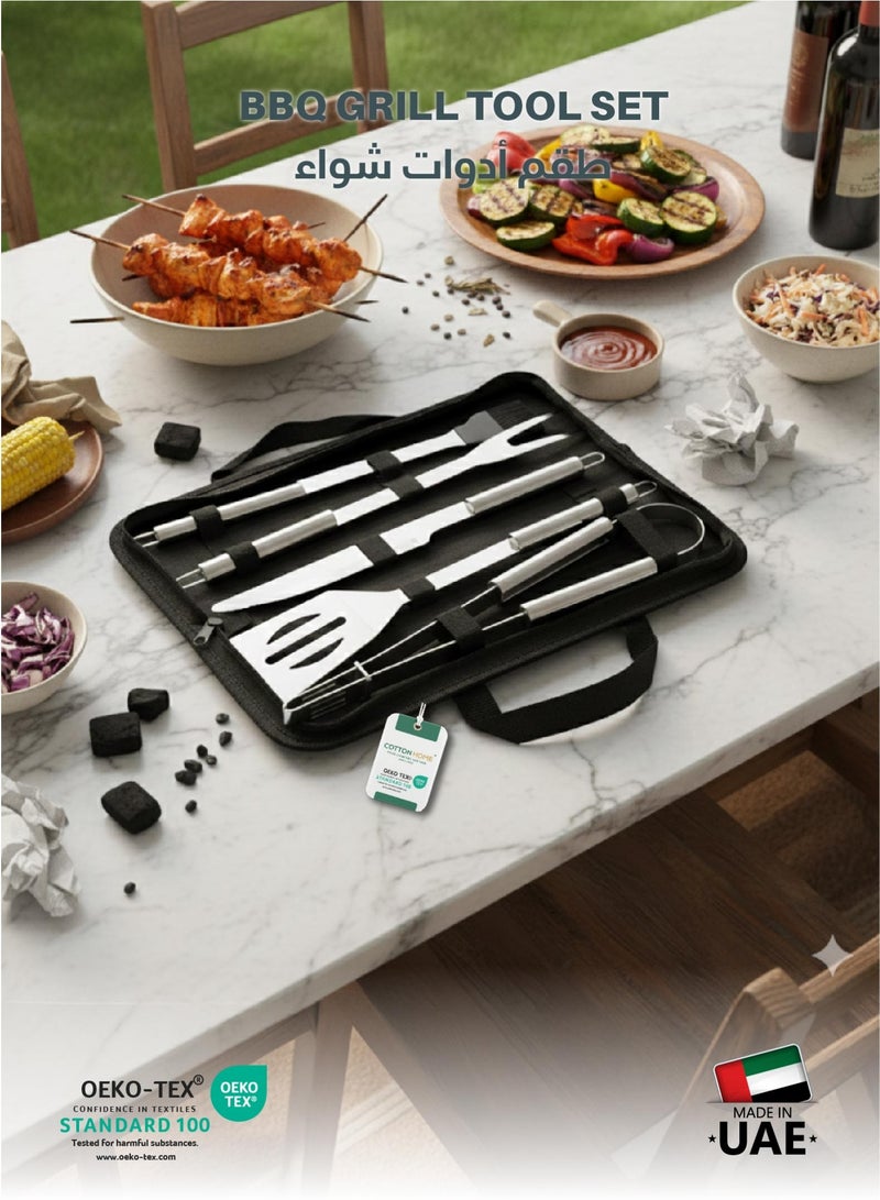 كوتون هوم مجموعة أدوات الشواء المصنوعة من الفولاذ المقاوم للصدأ الفاخر من كوتون هوم مكونة من 5 قطع تتضمن فرشاة سكين وشوكة وملعقة ملقط مع حقيبة أكسفورد، رفيق الشواء المثالي لحفلات الشواء والنزهات والتخييم، هدية أدوات مطبخ فريدة من نوعها - Image 1