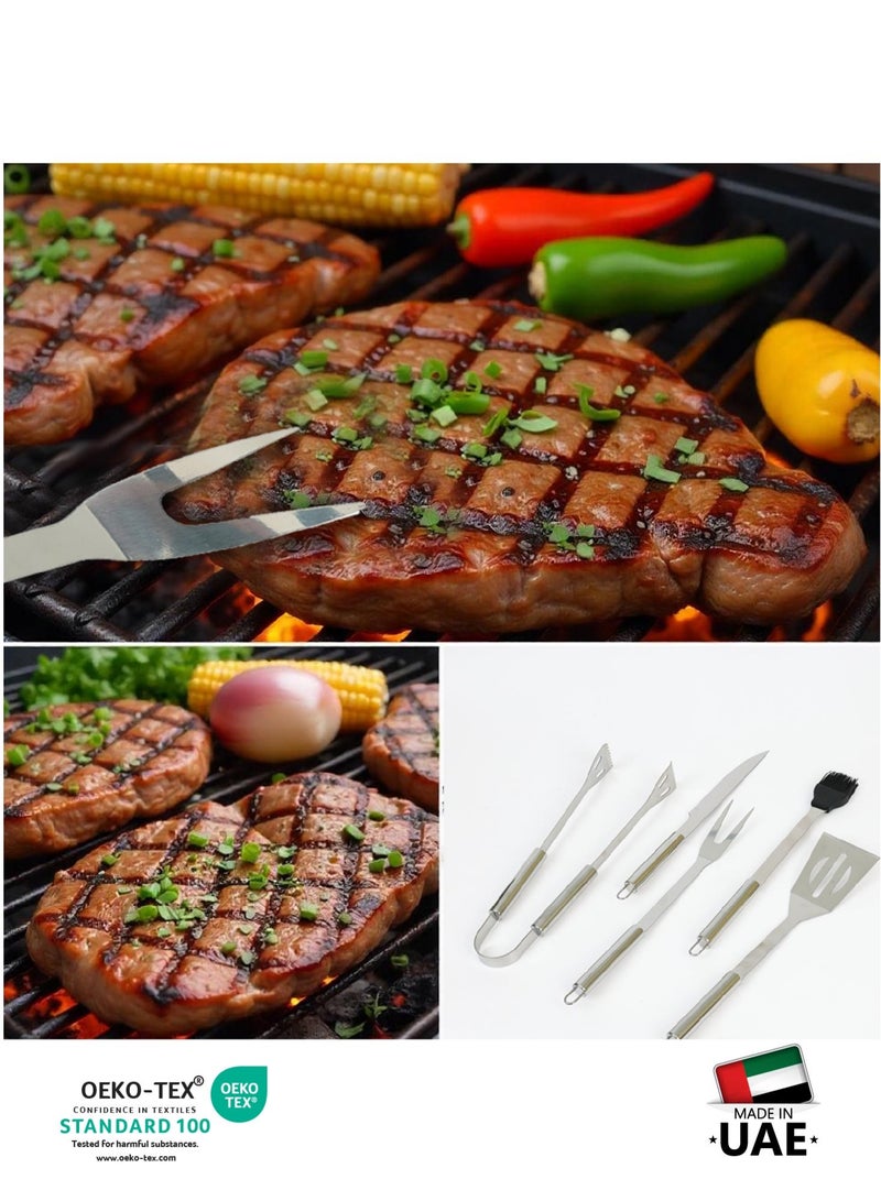 كوتون هوم مجموعة أدوات الشواء المصنوعة من الفولاذ المقاوم للصدأ الفاخر من كوتون هوم مكونة من 5 قطع تتضمن فرشاة سكين وشوكة وملعقة ملقط مع حقيبة أكسفورد، رفيق الشواء المثالي لحفلات الشواء والنزهات والتخييم، هدية أدوات مطبخ فريدة من نوعها - Image 4