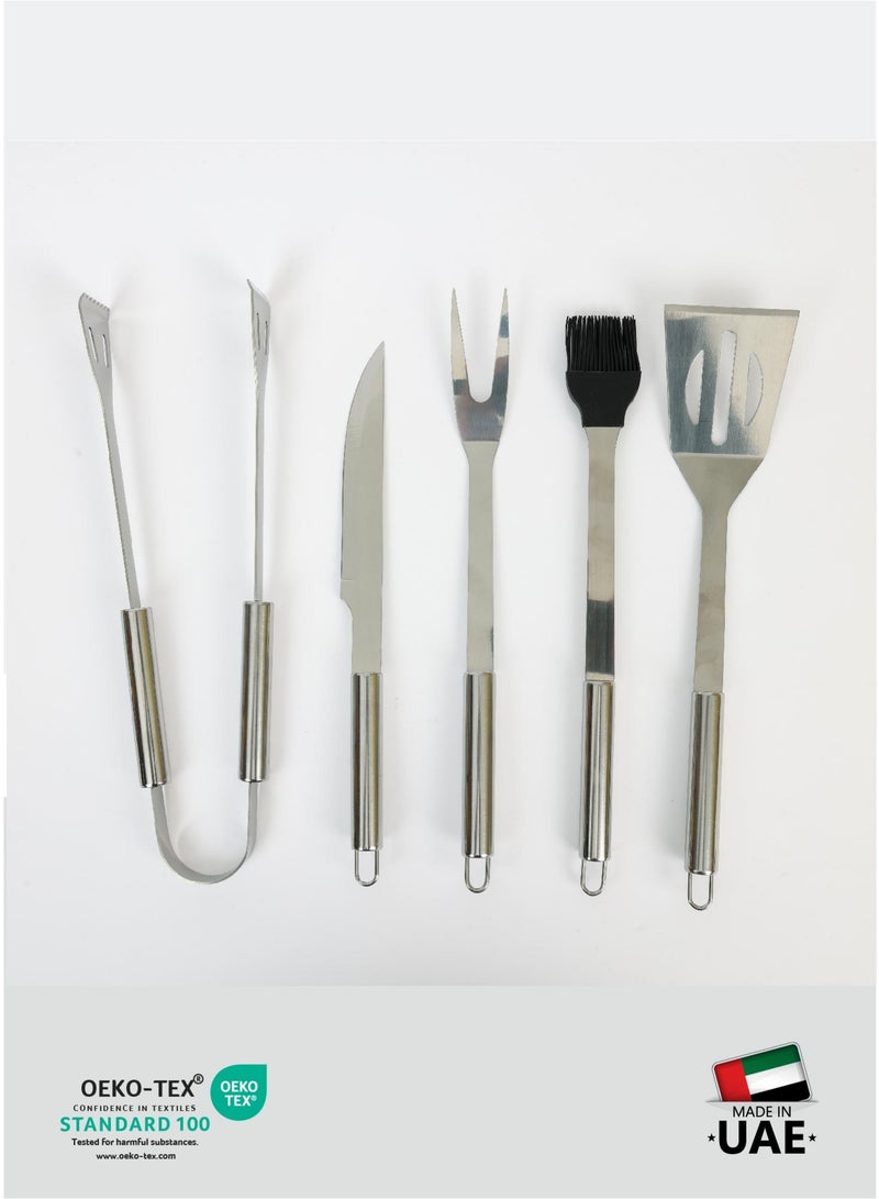 كوتون هوم مجموعة أدوات الشواء المصنوعة من الفولاذ المقاوم للصدأ الفاخر من كوتون هوم مكونة من 5 قطع تتضمن فرشاة سكين وشوكة وملعقة ملقط مع حقيبة أكسفورد، رفيق الشواء المثالي لحفلات الشواء والنزهات والتخييم، هدية أدوات مطبخ فريدة من نوعها - Image 5