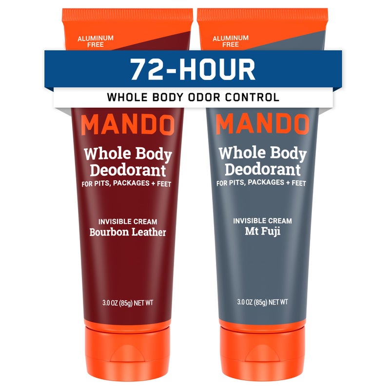 Mando Whole Body Deodorant For Men - Invisible Cream - 72 Hour Odor Control - Aluminum Free, Baking Soda Free, Skin Safe - 3 Ounce Tube (Pack of 2) - Bourbon Leather and Mount Fuji - Image 1