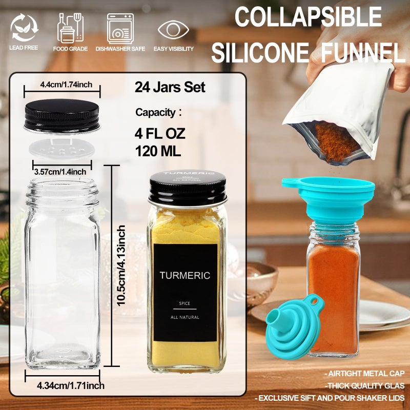 AISIPRIN 24 Pcs Glass Spice Jars with 398 Labels, 4oz Empty Square Spice Containers Seasoning Bottles - Shaker Lids, Funnel, Brush and Marker Included(Black Metal Caps) - Image 2