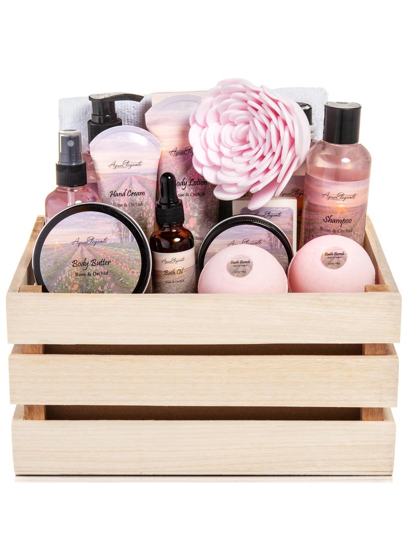 Aqua Elegante - Bath Spa Gift Sets - Luxury Basket With Rose Oil & Orchid - Spa Kit Includes Wash, Bubble Bath, Lotion, Bath Salts, Body Scrub, Body Spray, Shower Puff, Bathbombs, Soap and Towel - Image 1
