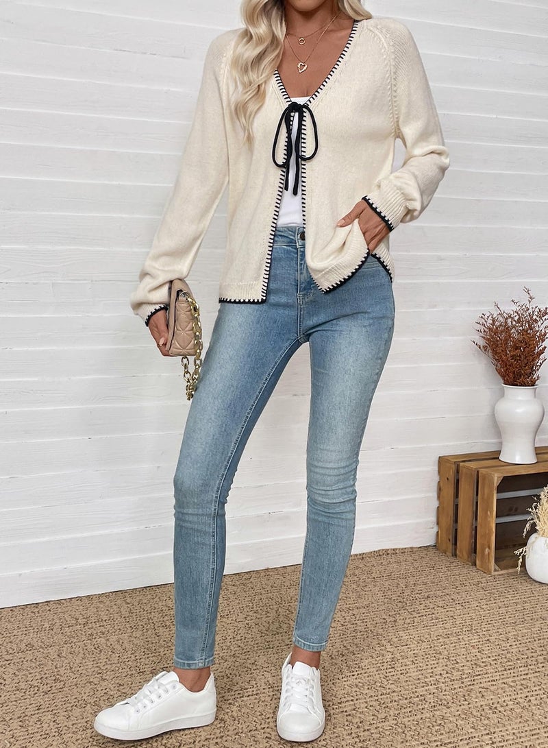 EVALESS Womens Cardigan Sweaters Trendy 2025 Fall Long Sleeve V Neck Lightweight Cardigans Chunky Winter Open Front Bow Tie Knit Sweater Outfits,Apricot X-Large - Image 5