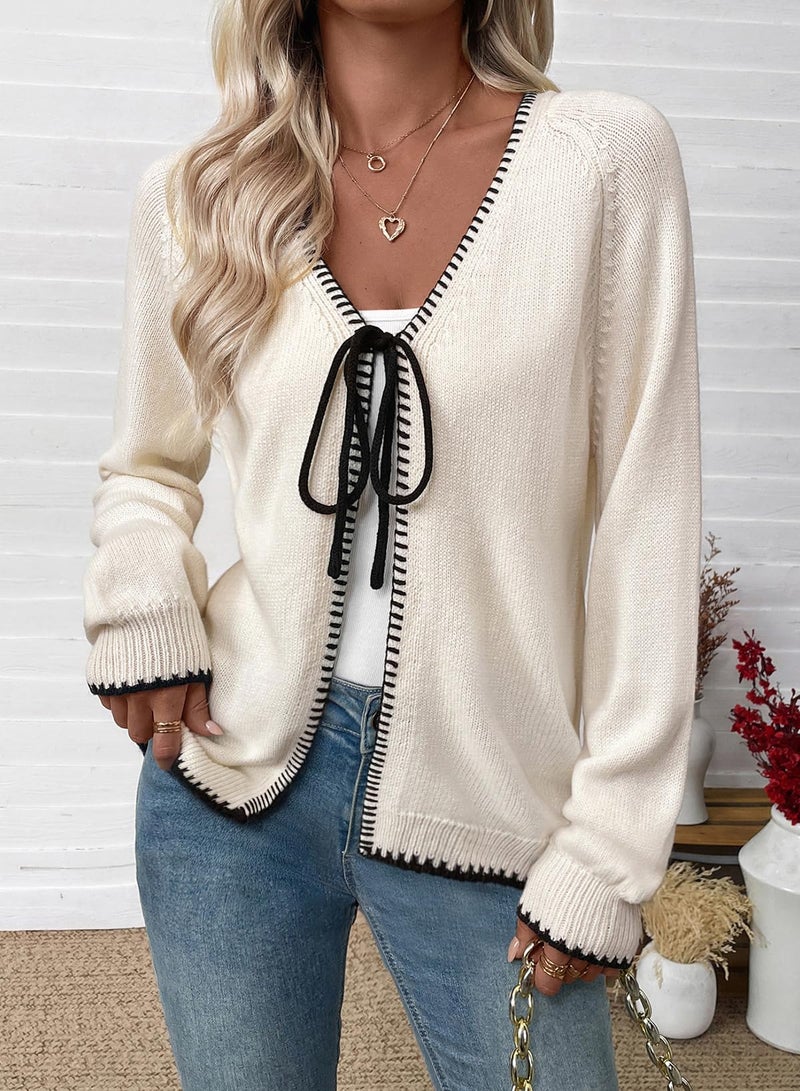 EVALESS Womens Cardigan Sweaters Trendy 2025 Fall Long Sleeve V Neck Lightweight Cardigans Chunky Winter Open Front Bow Tie Knit Sweater Outfits,Apricot X-Large - Image 2
