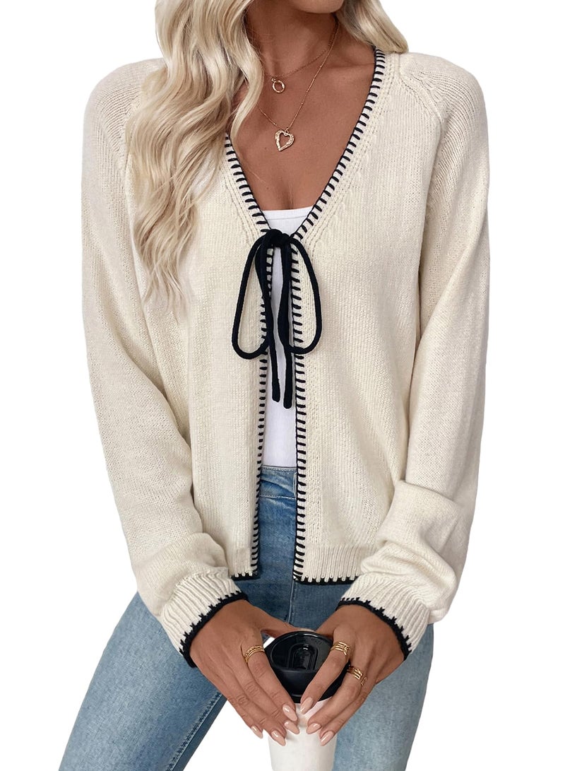 EVALESS Womens Cardigan Sweaters Trendy 2025 Fall Long Sleeve V Neck Lightweight Cardigans Chunky Winter Open Front Bow Tie Knit Sweater Outfits,Apricot X-Large - Image 1