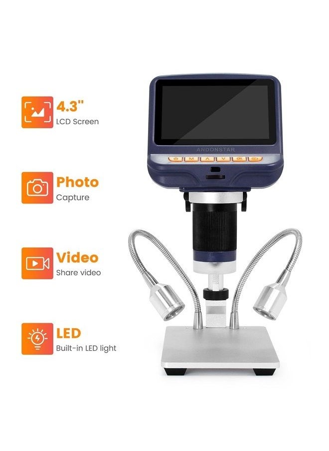 Andonstar - AD106S USB Digital Microscope with 4.3 inch LCD Screen, 200X for Circuit Board Soldering, Coin Microscope Camera with 8 Adjustable LED Lights, Metal Stand, Windows Compatible - Image 1