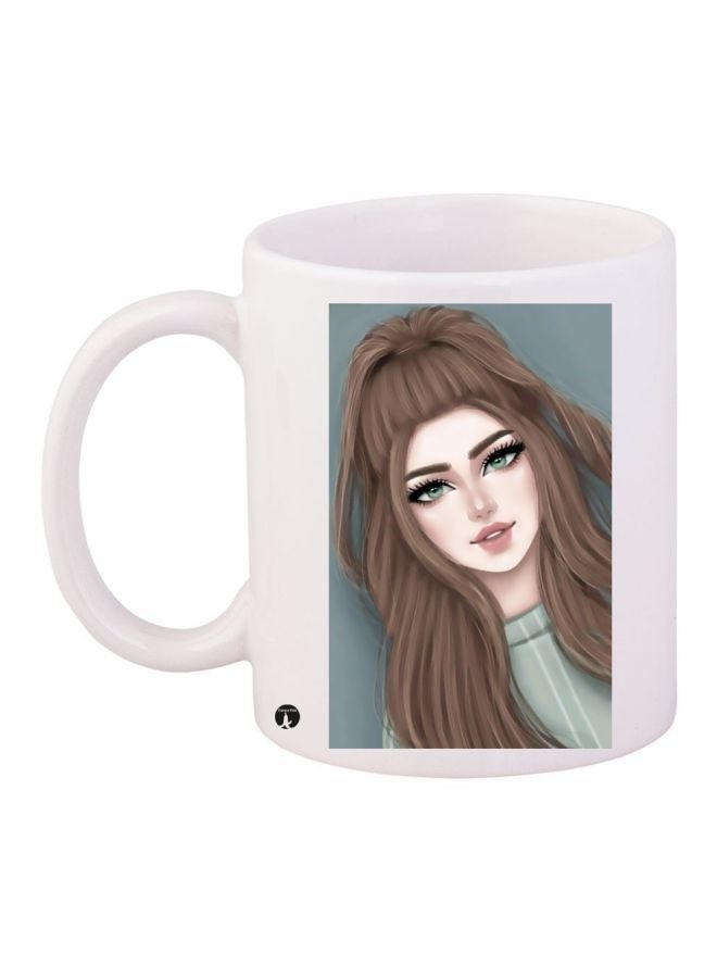 RYN Cartoon Girl Printed Coffee Mug White/Grey/Brown 11ounce