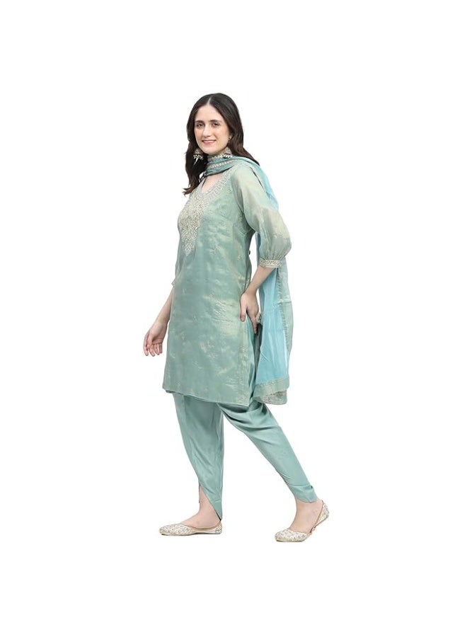 BIBA Women SILK  Straight Embroidered KURTA WITH PANT AND DUPATTA Set XL - Image 1